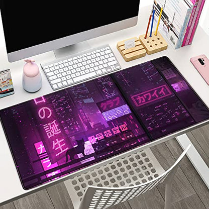 Purple Gaming Mousepad Japanese Desk Mat XXL Extended Anime Cool Large Mouse Pad Keyboard Mouse Mat Desk Pad for Computer Laptop Gamers 31.5''X15.7'' Non-Slip Rubber Base with Stitched Edges - color: A Purple Neon Sign
