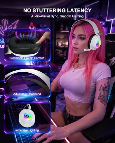 Vakedy Wireless Gaming Headset for PS5,PS4,Mac,Switch, RGB 20ms Latency | 2.4GHz & BT Gaming Headphones, 50H Battery and Noise Canceling Mic for Fortnite & Call of Duty/FPS Gamers, 50MM Drivers - color: White/Black
