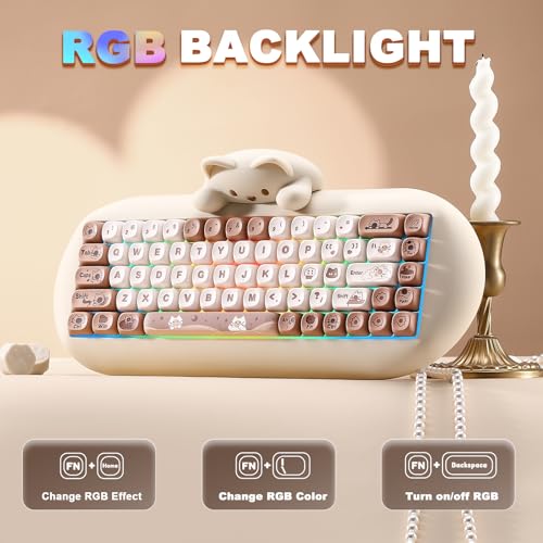 YUNZII C68 Wireless Mechanical Keyboard,65% Layout,Hot Swap,Triple Mode BT5.0/2.4G/Wired, RGB Backlit NKRO,Cute Cat Silicone Ergonomic Design for Win/Mac (Brown, Milk Switch) | Wireless Triple Mode BT5.0/2.4G/Wired, RGB Backlit NKRO, Cute Cat Silicone Erg