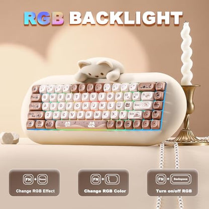 YUNZII C68 Wireless Mechanical Keyboard,65% Layout,Hot Swap,Triple Mode BT5.0/2.4G/Wired, RGB Backlit NKRO,Cute Cat Silicone Ergonomic Design for Win/Mac (Brown, Milk Switch) | Wireless Triple Mode BT5.0/2.4G/Wired, RGB Backlit NKRO, Cute Cat Silicone Erg