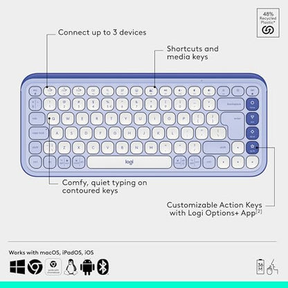 Logitech POP ICON Combo, Wireless Bluetooth Keyboard and Mouse, Comfortable Typing, programmable Keys and Buttons, Quiet clicks, Easy-Switch up to 3 Devices - Lilac - color: Lilac, style: Combo