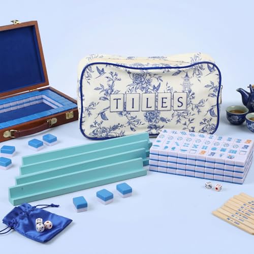 Soulchen Mini American Mahjong Tile Set Include 160 0.8 Inch Mahjong Tiles 2 Dice 4 Wooden Rulers 1 Accessory Bag 4 Beginner Rule Cards (Chinoiserie) - style: Chinoiserie