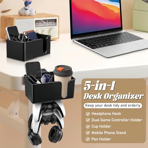 5 in 1 Controller Holder - Desk Cup Holder and Headphone Hanger, Rotatable Under Desk Clamp Organizer Dual Gamepad Headset Stand Gaming Desks Accessories for Xbox, PS4, PS5, PC, Switch