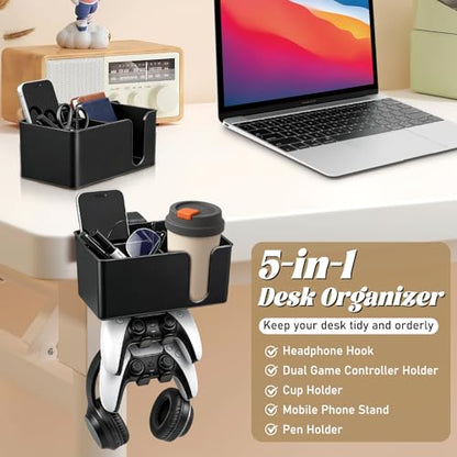 5 in 1 Controller Holder - Desk Cup Holder and Headphone Hanger, Rotatable Under Desk Clamp Organizer Dual Gamepad Headset Stand Gaming Desks Accessories for Xbox, PS4, PS5, PC, Switch