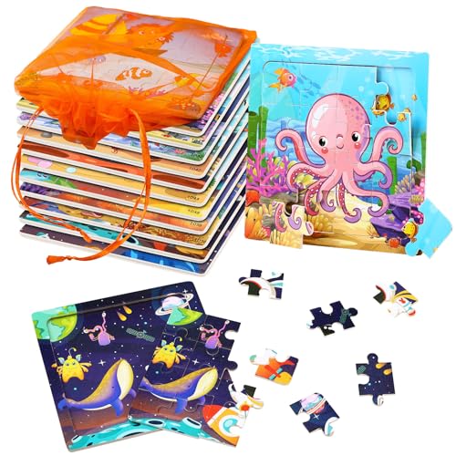 SANNIX 12 Pack Wooden Jigsaw Puzzles with 12 Organize Bags | Ocean and Space Toddlers Puzzles for Kids Ages 3 4 5, Party Favors Educational Learning Travel Toys for Boys Girls - style: Ocean + Space