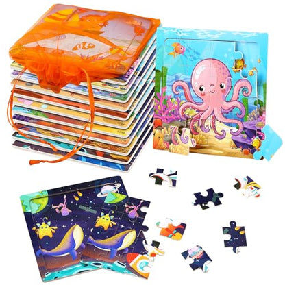 SANNIX 12 Pack Wooden Jigsaw Puzzles with 12 Organize Bags | Ocean and Space Toddlers Puzzles for Kids Ages 3 4 5, Party Favors Educational Learning Travel Toys for Boys Girls - style: Ocean + Space