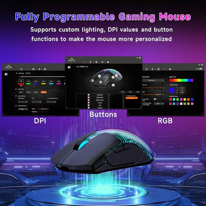 FFJ Master02 Wireless Gaming Mouse, 12000 DPI, Tri-Mode 2.4G/USB-C/Bluetooth 5.3 Gaming Mouse, Python Skin Texture RGB Backlit, 6 Programmable Buttons, 75Hr Battery Life for PC, Mac, PS5, XBOX - Black