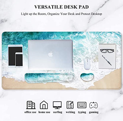 Large Mouse Pad with Wrist Rest, 4-in-1 Wrist Rest for Keyboard and Mouse | Non-Slip Waterproof Desk Mat Set, 35.4"x15.7" Desk Mat+Keyboard Wrist Rest+Mouse Wrist Support+Cup Coaster for Home Office - color: 4Pcs-Beach