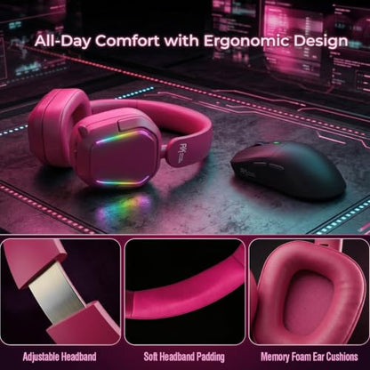 RK ROYAL KLUDGE HG101 V2 Wireless Gaming Headset, 2.4G/Bluetooth 6.0/3.5mm Wired Headphones, 7.1 Surround Sound, 40mm Drivers, Memory Foam Cushions, Works with Xbox, PS4/5, PC, Switch, Berry Red - color: Red