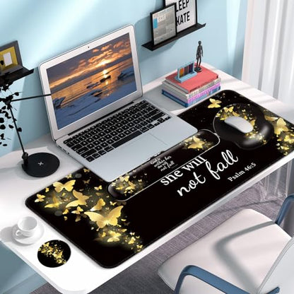 Desk Mat Set Keyboard and Mouse Pad with Wrist Rest Support | Ergonomic,Pain Relief, 4-in-1 Large Big Mousepad Computer Mats,Desk Pad Matt Mats for Desktop Home & Office - color: E3-Golden Butterflies