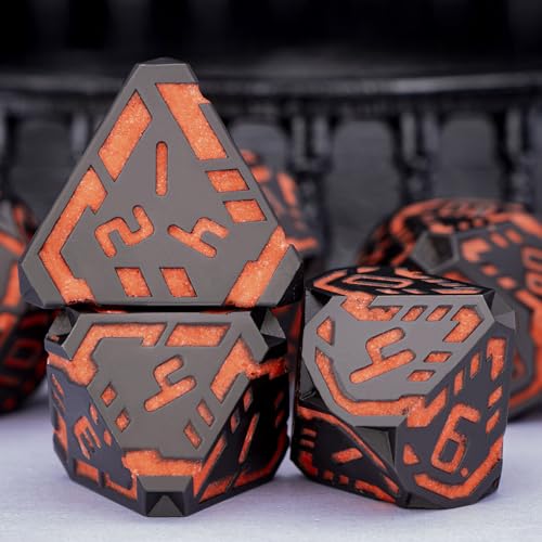 Metal DND Sci-fi Dice Set 7PCS Luminous Orange Stripe Polyhedral Dice for Dungeons Dragons RPG Role Playing Game, Glitter D and D Dice with Gift Box D6 D8 D10 D12 D20 - color: Nightlight - Orange