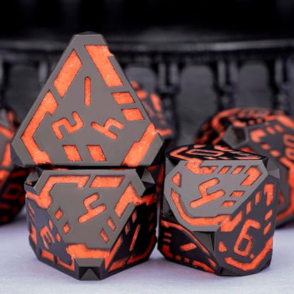 Metal DND Sci-fi Dice Set 7PCS Luminous Orange Stripe Polyhedral Dice for Dungeons Dragons RPG Role Playing Game, Glitter D and D Dice with Gift Box D6 D8 D10 D12 D20 - color: Nightlight - Orange