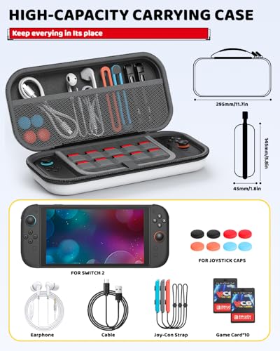 Switch 2 Slim Hard Shell Carry Case for Nintendo Switch 2 2025/Switch/OLED | Hard Shell Carrying Case with Soft Lining, 10 Card Slots, Durable Ballistic Nylon, Soft Silicone Handle, Switch2 Carry Case - color: White