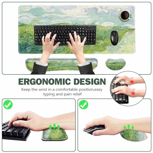ToLuLu Extended Gaming Mouse Pad, Memory Foam Keyboard Mouse Wrist Rest Set | Large Desk Mat with Stitched Edges, Non-Slip Base Ergonomic Support Mousepad for Home Office Game and Study, Green Theme - color: Green Theme