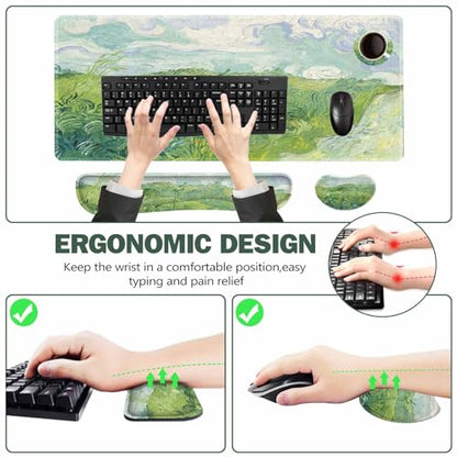 ToLuLu Extended Gaming Mouse Pad, Memory Foam Keyboard Mouse Wrist Rest Set | Large Desk Mat with Stitched Edges, Non-Slip Base Ergonomic Support Mousepad for Home Office Game and Study, Green Theme - color: Green Theme