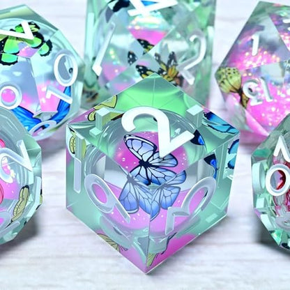 Resin Cat Head DND Dice, Sharp Edge Dungeons and Dragons Polyhedron Game Dice Set for Role Playing Games RPG Explorer Magic, Holiday Birthday Gifts Party Gifts - color: Butterfly+pink