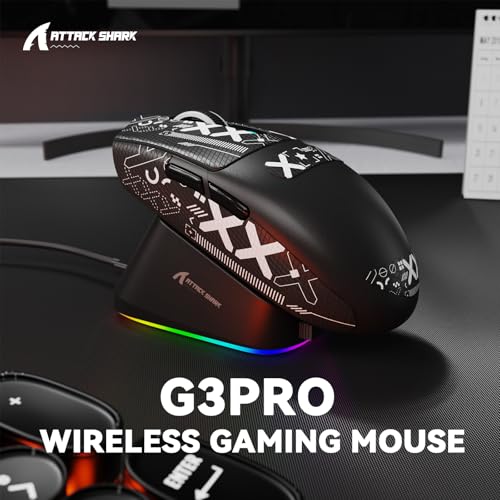 MAMBASNAKE ATTACK SHARK G3PRO Wireless Gaming Mouse with RGB Magnetic Charging Dock, Tri-Mode-2.4G/USB-C Wired/BT,25K DPI,PAW3311 Optical Sensor,59g Ultra Lightweight,Slip Grip Tape for PC/Mac(Black) - color: Black & Griptape