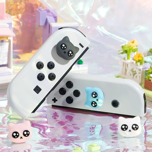 GeekShare 4PCS Cat Shape Silicone Joystick Caps for Switch/OLED/Lite - Tearful Eyes Cat Thumb Grip Caps - color: Pink with black and white accents
