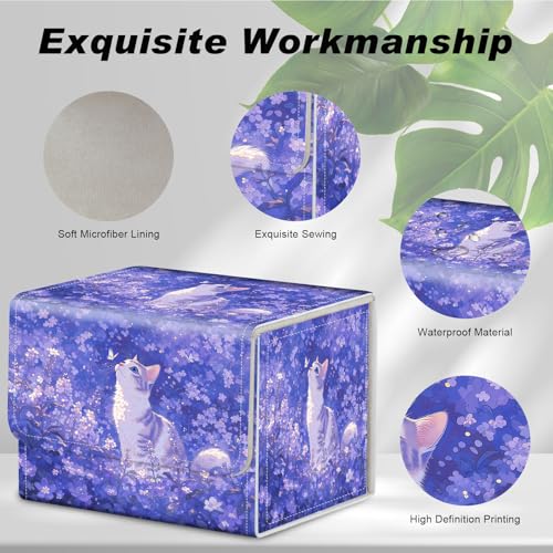 Magnetic Closure TCG Deck Box Portable Card Holder Trading Card Deck Box | PU Leather Collectible Card Case Game Trading Card Deck Box Storage Scratch Resistant Lining, Cat In Purple Flower Field - color: Cat In Purple Flower Field