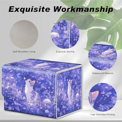 Magnetic Closure TCG Deck Box Portable Card Holder Trading Card Deck Box | PU Leather Collectible Card Case Game Trading Card Deck Box Storage Scratch Resistant Lining, Cat In Purple Flower Field - color: Cat In Purple Flower Field