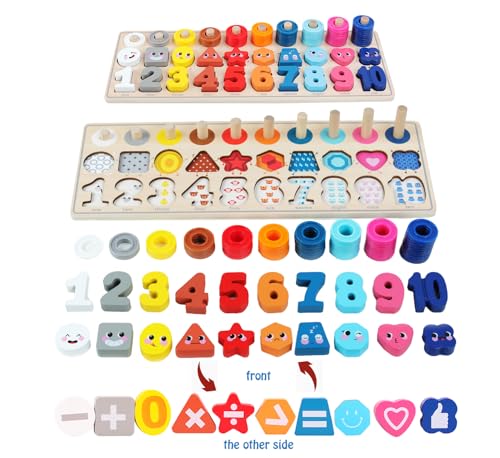 QZMTOY Wooden Montessori Toys for Kids, Toddler Number Puzzles Sorter Counting Shape Stacker Stacking Game Preschool Toys for Boy Girl Learning Education Math Blocks Chunky Puzzles Gift for Toddlers - color: Rainbow