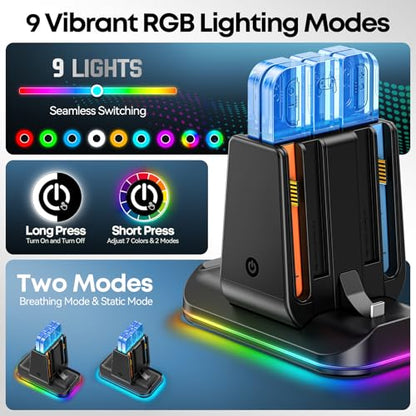 Switch 2/1 Compatible Controller Charging Dock, 6-in-1 Charger Station for 4 Joy-Cons & 2 Pro Controllers, 9 RGB Modes Fast Charging Stand for Switch 2 Accessories, with LED Indicator - size: L-Black-Switch 2/1 & Pro