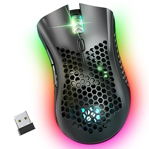 WolfLawS KM-1 RGB Wireless Gaming Mouse with Honeycomb Shell Computer Mouse | 2.4G USB Receiver, 6 Buttons, 3 Adjustable DPI, Rechargeable Ergonomic Mouse for PC Mac Laptop