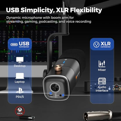 NearStream AM10X USB/XLR Dynamic Podcast Microphone with Boom Arm | Supercardioid Mic with AI Noise Cancellation, Mute, Gain and Monitoring, for PC, Audio Mixer, Podcasting, Streaming, Gaming
