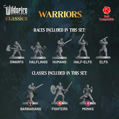 Warriors Class Set - Barbarians, Fighters, Monks - Characters, NPC for DND Miniatures Bulk I 28mm Dungeon Dragons D&D Miniatures I DND Minis D&D Figures I Pathfinder, Daggerheart, Realm Reforged