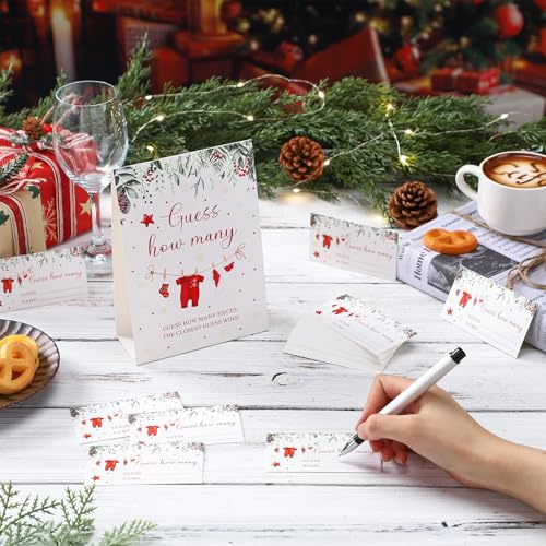 Christmas Guess How Many Baby Shower Game Pack of 1 Tabletop Sign with Stand and 50 How Many Cards, Christmas Gender Reveal Party Game Decorations(Santa) - style: Santa