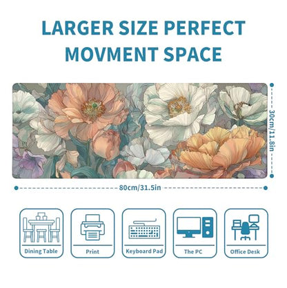 Japanese Floral Mouse Pad Abstract Boho Mouse Pad 31.5x11.8 Inch Aesthetic Flower Texture Non-Slip Rubber Base Large Mousepad Stitched Edges Keyboard Mouse Mat Desk Pad for Office and Home - color: Floral