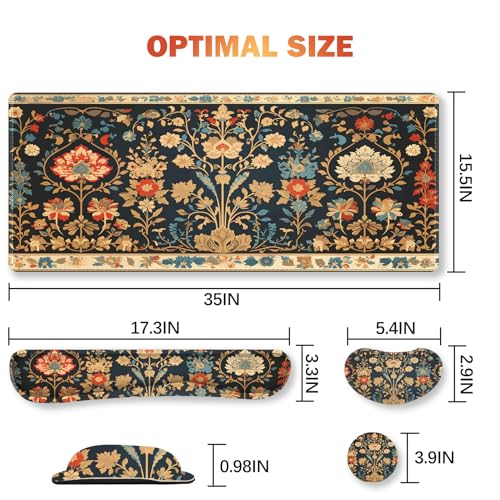 Desk Mat Set, Mouse Pad with Wrist Rest Support + Keyboard Wrist Rest + Large Mouse Pad + Coaster, Extended Gaming Mousepad Combo, Retro Flower Plant - color: Retro Flower Plant