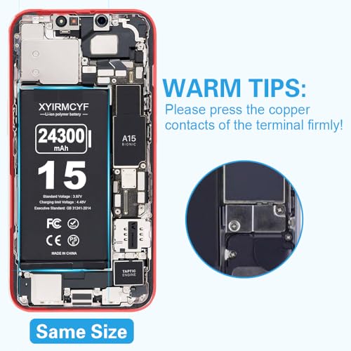 XYIRMCYF 24300mAh Super Capacity Battery Compatible with iPhone 15, 0 Cycle Li-Polymer Replacement Battery for iPhone 15, with Professional Repair Tool Kit - color: 15-24300
