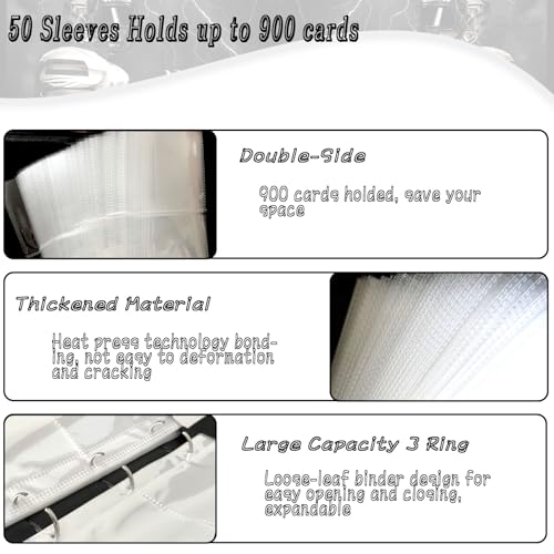 Football Card Binder 900 Pockets, Trading Card Binder 9 Pocket with 50 Removable Sleeves Fits 900 Sport Cards, 3 Ring Card Holder Binder with Zipper, Collector Storage Album - size: 900 Pockets Football