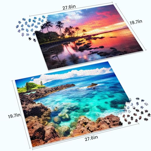 2 Pack 1000 Piece Puzzles for Adults - Beach, Coconut Tree, Reef Landscape Jigsaw Puzzles - 2000 Pieces Total - color: Beach Coconuttree Reef
