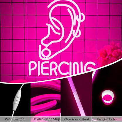 Ear Piercing Neon Sign, Cool Pink Dimmable LED Creative Ear Earring Neon Light, Tattoo Studio Barber Salon Massage SPA Shop Neon Light Decoration, Suitable Gift For Young People And Girls(13 * 11in) - style: Ear Piercing