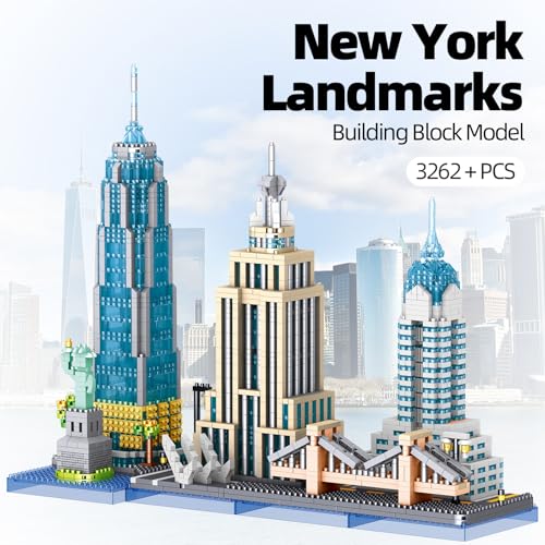 New York Skyline Micro Mini Blocks Building Set, The Statue of Liberty,Empire State Architecture Building, Brooklyn Bridge, Gift for Kids and Adults (3262 Pieces) - style: New York Skyline