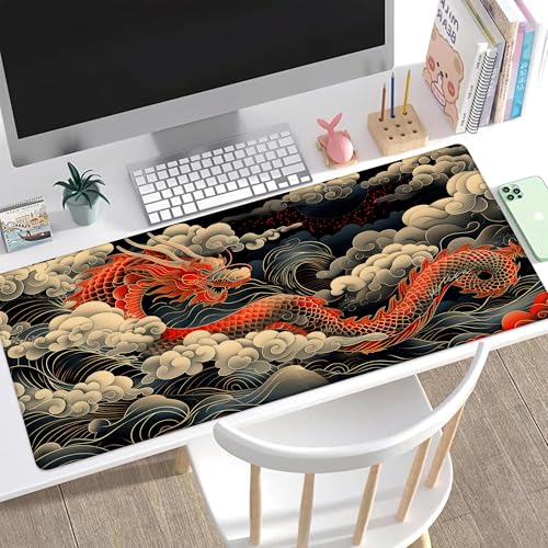Desk Pad, Japanese Wave and Red Dragon Auspicious Clouds XXL Gaming Mouse Pad with Stitched Edges,Non-Slip Waterproof Rubber Base Large Desk Mat for Keyboard and Mouse 35.4"x15.7" - color: Colour5, size: 35.4" x 15.7"
