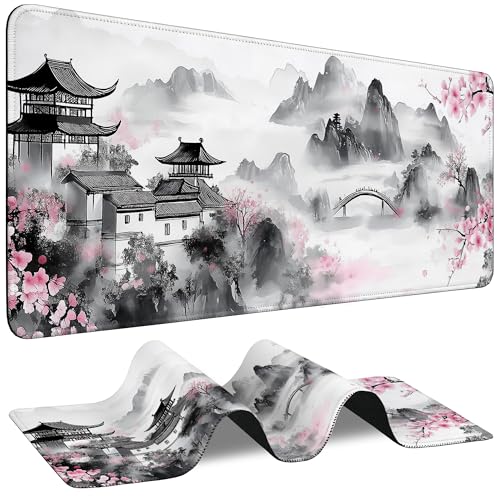 Large Gaming Mouse Pad Japanese Cherry Blossom Extended Computer Keyboard Mousepad with Non-Slip Rubber Base Stitched Edge Waterproof Big Long Laptop Pad for Gamer Office Home 35.4"X 15.7" - color: Neon Mushroom Forest