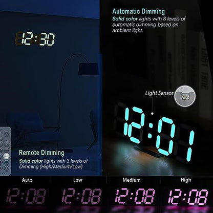 KOSUMOSU LED Digital Clock Neon Clock 9.7" Black Gaming Clock RGB LED Wall Clock for Living Room Desk Clock Large Display Clock for Bedroom, Black Clock with Dimming - color: 9.7in Black Clock-neon Light