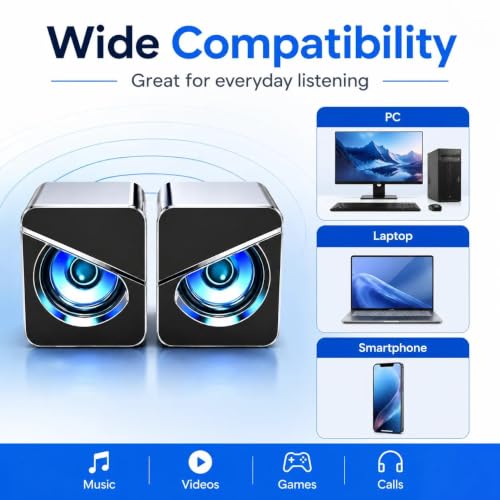 Brand Computer Speakers with Dynamic RGB LED Light, USB Powered Stereo Desktop Speaker, Plug and Play Multimedia Sound Bar for PC Laptop Monitor Gaming Office