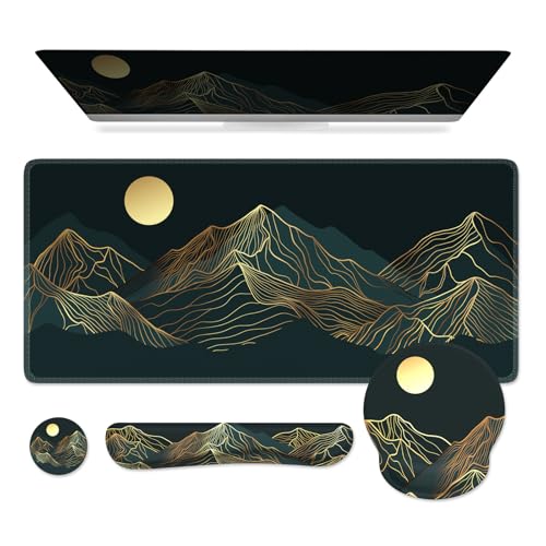 iCasso Large Mouse Pad, 4in1 XXL Mousepad + Keyboard Wrist Rest+Mouse Wrist Rest+Coaster Set with Ergonomic Design for Computer(Cyan-Mountain) - color: Cyan Mountain
