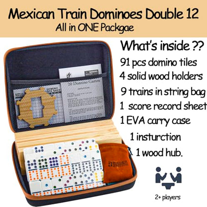 Bucher&Rossini Dominoes Set Double 12 with 4 Racks for Adults Kids, Mexican Train Domino Set Double Twelve, Mexican Train Dominos (Double 12 Dots) - color: Double 12 + Hard Case + Racks