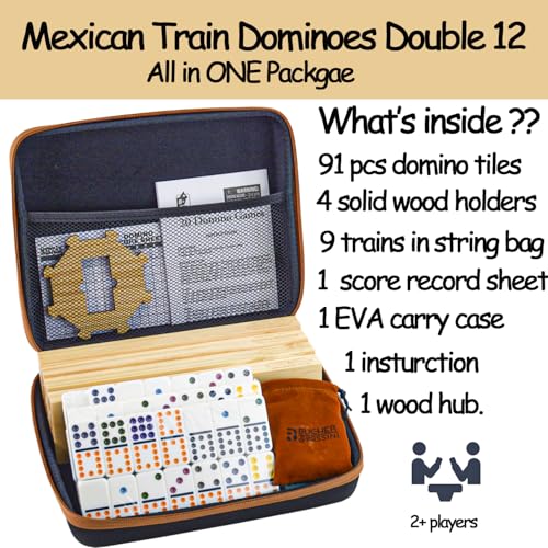 Bucher&Rossini Dominoes Set Double 12 with 4 Racks for Adults Kids, Mexican Train Domino Set Double Twelve, Mexican Train Dominos (Double 12 Dots) - color: Double 12 + Hard Case + Racks
