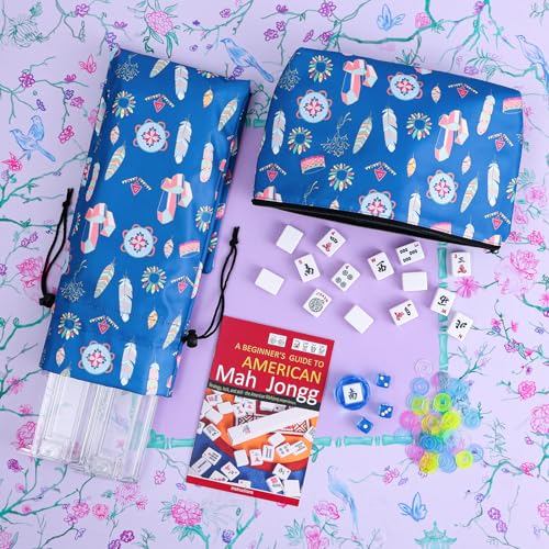 TIASUSAN American Mahjong Tiles Set, 166 White Tiles, Blue Printed Bag with Entire Accessories, 4 All-in-One Rack/Pushers, Mahjong Game Set - color: Blue 02