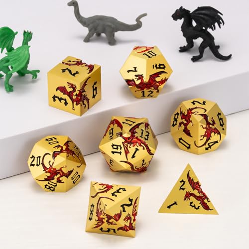 Metal DND Dragon Dice Set,D&D Polyhedral Dice with Dragon for Dungeons and Dragons RPG TTRPG D and D 7-Die Set with Gift Case - color: Dragon-pearl Gold Transparent Red