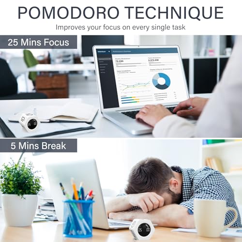 Rotating Pomodoro Timer 5, 25, 10 30,60 Mins Preset Stopwatch, Desk Flip ProductivityTimer, ADHD Tool Hexagon, Vibration/Mute/Alarm, for Work, Study, Back to School, Kitchen, White - color: White