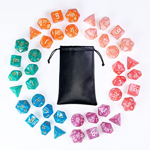 6 Sets DND Dice Polyhedral Dice Set (42pcs) with 1 Large Leather Bag, D&D Dice Set for Dungeons and Dragons, RPG Table Games. (6 Sets Sickle Font Pearl Patte) - color: 6 Sets Sickle Font Pearl Patte