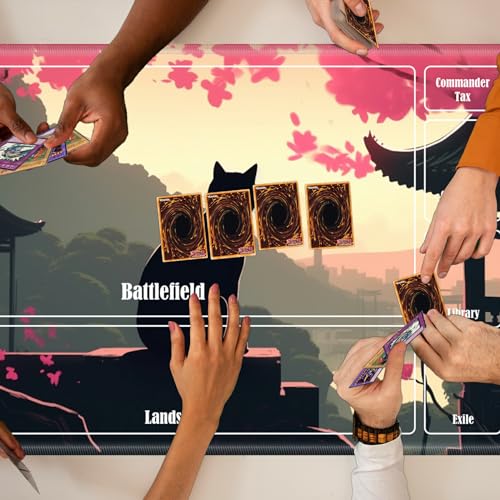 Board Game Mat TCG Playmat Plus 50 Pcs Card Sleeves, 24 x 14 inches Table Mats Games Mousepad with Zones Smooth Surface for MTG RPG CCG Trading Card Game Play Mats, Black Cat Landscape - color: Black Cat Landscape, size: Zone 1