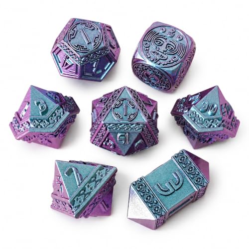 Tzolkin Metal DND Dice Set, 7-Piece Polyhedral Dice | Solid zinc alloy dice with heavy feel, Mayan Aztec calendar details, readable numbers, and temple collector box for RPG play - color: Blue